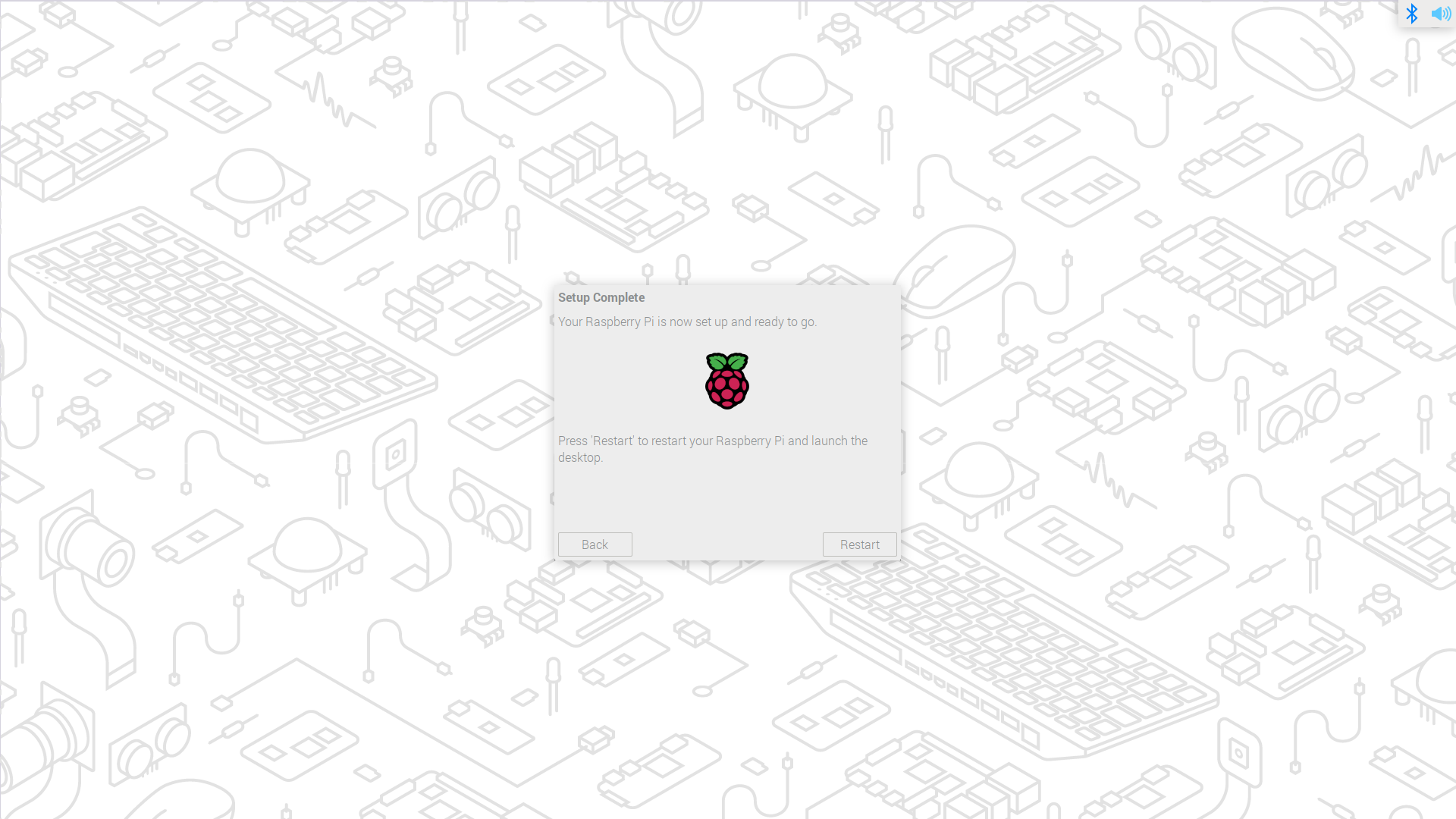 The Setup Complete dialog prompts to restart your Raspberry Pi.